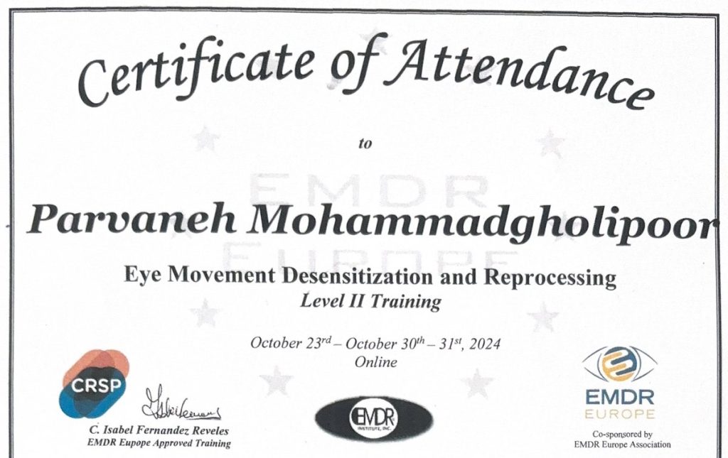 مدرک بین المللی دوره EMDR Europe سطح دو/ آموزش پایه توسط پروفسور ایزابل فرناندز صدور از مرکز CRSP میلان با حمایت انجمن EMDR اروپا